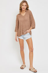 Mocha Pointelle V-neck Knit Top Simmer & Fay